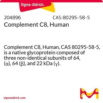 补体C8，人 Complement C8, Human, CAS 80295-58-5, is a native glycoprotein composed of three non-identical subunits of 64, (&#945;), 64 (&#946;), and 22 kDa (&#947;).