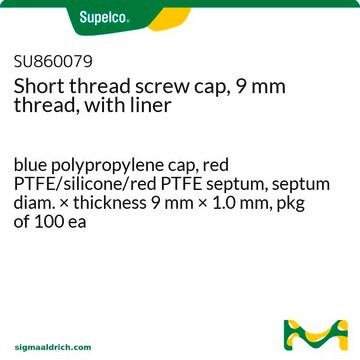 Tapón de rosca corta, rosca de 9&nbsp;mm, con camisa blue polypropylene cap, red PTFE/silicone/red PTFE septum, septum diam. × thickness 9&#160;mm × 1.0&#160;mm, pkg of 100&#160;ea