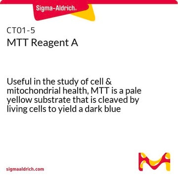 MTT-Reagenz&nbsp;A Useful in the study of cell &amp; mitochondrial health, MTT is a pale yellow substrate that is cleaved by living cells to yield a dark blue formazan product.