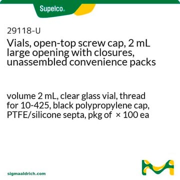 Fläschchen, offene Schraubkappe, 2&nbsp;ml, große Öffnung mit Verschlüssen, unmontierte Vorteilspackungen volume 2&#160;mL, clear glass vial, thread for 10-425, black polypropylene cap, PTFE/silicone septa, pkg of × 100&#160;ea