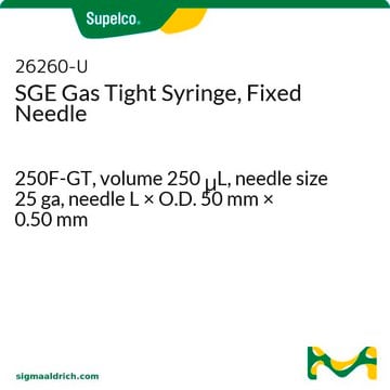 Seringue&nbsp;SGE étanche aux gaz, aiguille fixe 250F-GT, volume 250&#160;&#956;L, needle size 25 ga, needle L × O.D. 50&#160;mm × 0.50&#160;mm