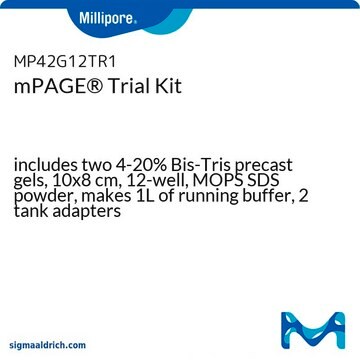 Kit d'essai mPAGE&#174; includes two 4-20% Bis-Tris precast gels, 10x8 cm, 12-well, MOPS SDS powder, makes 1L of running buffer, 2 tank adapters