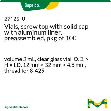 Vials, screw top with solid cap with aluminum liner, preassembled, pkg of 100 volume 2&#160;mL, clear glass vial, O.D. × H × I.D. 12&#160;mm × 32&#160;mm × 4.6&#160;mm, thread for 8-425