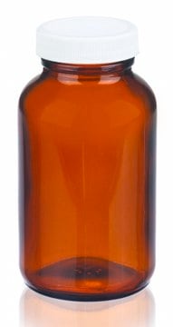 Wheaton wide-mouth bottle capacity 8&#160;oz (250&#160;mL), white polypropylene cap, amber, vinyl flat liner