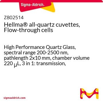 Hellma&#174; all-quartz cuvettes, Flow-through cells High Performance Quartz Glass, spectral range 200-2500 nm, pathlength 2x10&#160;mm, chamber volume 220&#160;&#956;L, 3 in 1: transmission, fluorescence, 2 optical path lengths