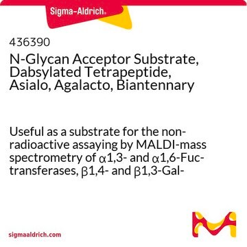 N-Glycan Acceptor Substrate, Dabsylated Tetrapeptide, Asialo, Agalacto, Biantennary Useful as a substrate for the non-radioactive assaying by MALDI-mass spectrometry of &#945;1,3- and &#945;1,6-Fuc-transferases, &#946;1,4- and &#946;1,3-Gal-transferases, &#946;1,2-xylosyltransferase, and endo-N-acetylglucosaminidases.