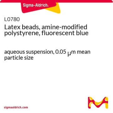 Latex beads, amine-modified polystyrene, fluorescent blue aqueous suspension, 0.05&#160;&#956;m mean particle size