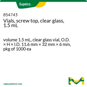 Vials, screw top, clear glass, 1.5 mL volume 1.5&#160;mL, clear glass vial, O.D. × H × I.D. 11.6&#160;mm × 32&#160;mm × 6&#160;mm, pkg of 1000&#160;ea