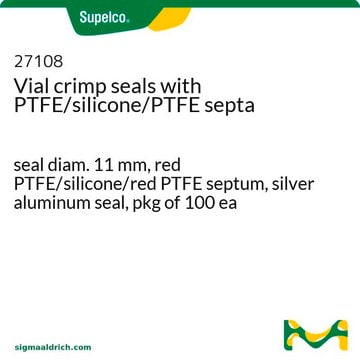 Vial crimp seals with PTFE/silicone/PTFE septa seal diam. 11&#160;mm, red PTFE/silicone/red PTFE septum, silver aluminum seal, pkg of 100&#160;ea