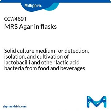 MRS Agar in flasks Solid culture medium for detection, isolation, and cultivation of lactobacilli and other lactic acid bacteria from food and beverages according to de Man, Rogosa and Sharpe, suitable for microbiology