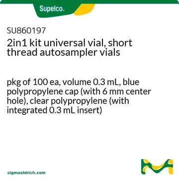 2in1 kit universal vial, short thread autosampler vials pkg of 100&#160;ea, volume 0.3&#160;mL, blue polypropylene cap (with 6 mm center hole), clear polypropylene (with integrated 0.3 mL insert)