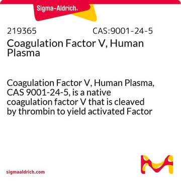 Coagulation Factor V, Human Plasma Coagulation Factor V, Human Plasma, CAS 9001-24-5, is a native coagulation factor V that is cleaved by thrombin to yield activated Factor Va that is 50-fold greater activity than its precursor form.