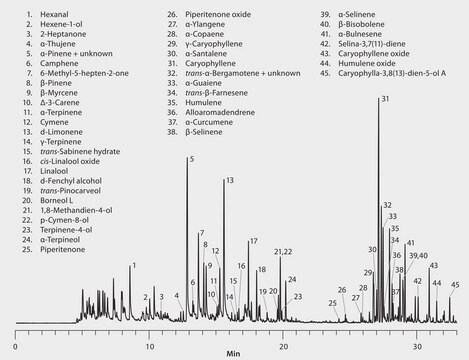 GC Analysis of Terpenes in Cannabis on Equity-1 after Headspace SPME using 50/30 &#956;m DVB/CAR/PDMS Fiber suitable for GC/MS, suitable for solid phase microextraction (SPME)