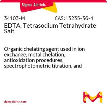 EDTA, Tetranatrium-Tetrahydratsalz Organic chelating agent used in ion exchange, metal chelation, antioxidation procedures, spectrophotometric titration, and other chemical procedures.