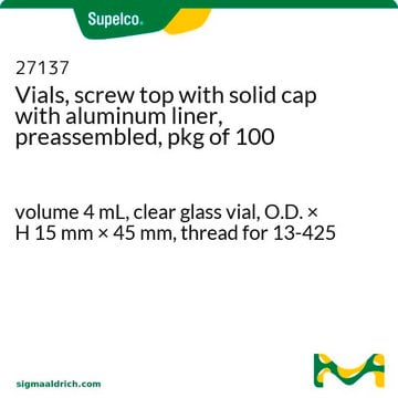 Flacons (vials), à bouchon à vis sans ouverture avec liner en aluminium, pré-assemblées, pack&nbsp;de&nbsp;100 volume 4&#160;mL, clear glass vial, O.D. × H 15&#160;mm × 45&#160;mm, thread for 13-425