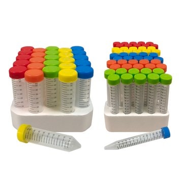 MTC&#8482; Bio SpectraTube&#8482; Rainbow Cap Centrifuge Tubes capacity 15&#160;mL, assorted colors, pack of 500&#160;ea (10 x racks 50 ea, 5 colours per rack)