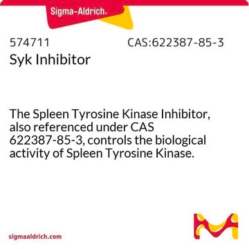 Syk Inhibitor The Spleen Tyrosine Kinase Inhibitor, also referenced under CAS 622387-85-3, controls the biological activity of Spleen Tyrosine Kinase. This small molecule/inhibitor is primarily used for Phosphorylation &amp; Dephosphorylation applications.