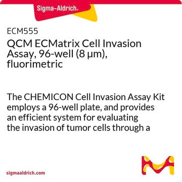 QCM ECMatrix细胞侵袭试验，96-孔（8 &#181;m），荧光法 The CHEMICON Cell Invasion Assay Kit employs a 96-well plate, and provides an efficient system for evaluating the invasion of tumor cells through a basement membrane model.