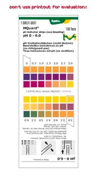 Bandelettes indicatrices de pH, pH 0 - 6,0 non-bleeding, colorimetric, pH range 0-6.0, graduations and accuracy accuracy: 0.5&#160;pH unit, MQuant&#174;