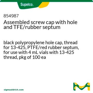 Assembled screw cap with hole and TFE/rubber septum black polypropylene hole cap, thread for 13-425, PTFE/red rubber septum, for use with 4 mL vials with 13-425 thread, pkg of 100&#160;ea