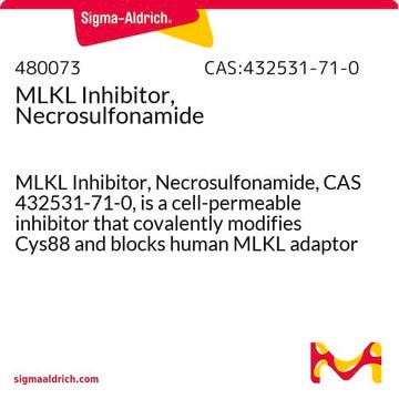 MLKL-Inhibitor, Necrosulfonamid MLKL Inhibitor, Necrosulfonamide, CAS 432531-71-0, is a cell-permeable inhibitor that covalently modifies Cys88 and blocks human MLKL adaptor function.