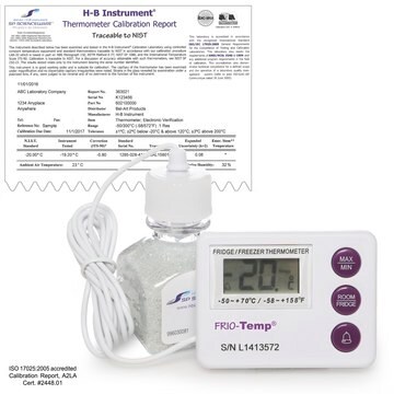 SP Bel-Art&#174; H-B Frio-Temp&#174; Calibrated Dual Zone Electronic Verification Thermometer temp. range at -50-70 °C (External), temp. range at -10-50 °C (Internal), 37°C Incubator Calibration