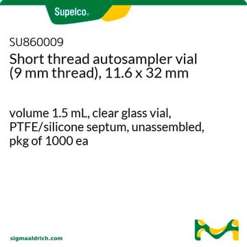 Flacons (vials) à filetage court pour passeur d'échantillons (filetage 9&nbsp;mm), 11,6&nbsp;×&nbsp;32&nbsp;mm volume 1.5&#160;mL, clear glass vial, PTFE/silicone septum, unassembled, pkg of 1000&#160;ea