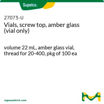 Vials, screw top, amber glass (vial only) volume 22&#160;mL, amber glass vial, thread for 20-400, pkg of 100&#160;ea