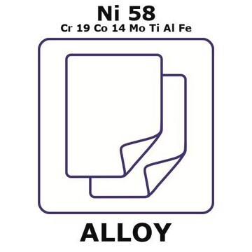 Waspaloy - heat resisting alloy, Ni58Cr19Co14MoTiAlFe foil, 50 x 50mm, 1mm thickness, annealed