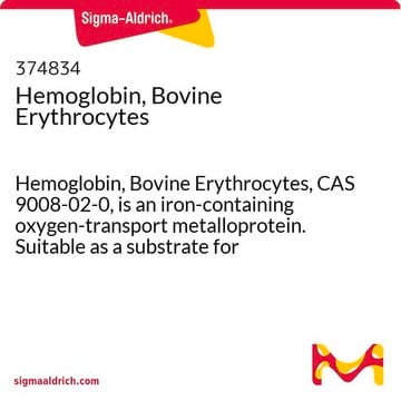 Hämoglobin, Rindererythrozyten Hemoglobin, Bovine Erythrocytes, CAS 9008-02-0, is an iron-containing oxygen-transport metalloprotein. Suitable as a substrate for proteases, such as papain, pepsin, and trypsin.