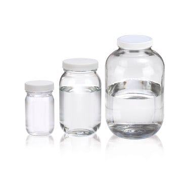 Wheaton wide-mouth bottle clear soda-lime glass bottle, capacity 250&#160;mL, white polypropylene cap, (PTFE faced LDPE liner), case of 24&#160;ea