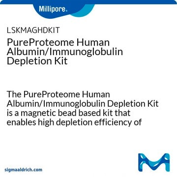 Kit de déplétion de l'albumine/des immunoglobulines humaines PureProteome The PureProteome Human Albumin/Immunoglobulin Depletion Kit is a magnetic bead based kit that enables high depletion efficiency of Albumin and all Immunoglobulins from human serum or plasma samples.