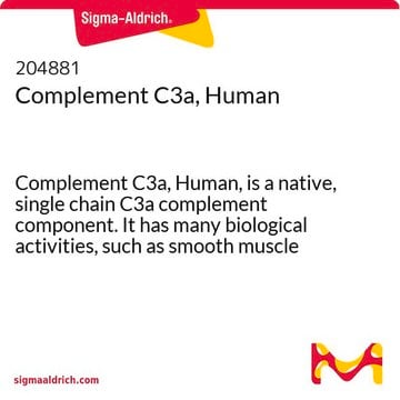 补体C3a，人 Complement C3a, Human, is a native, single chain C3a complement component. It has many biological activities, such as smooth muscle contraction, platelet activation, &amp; immunoregulatory reactions.