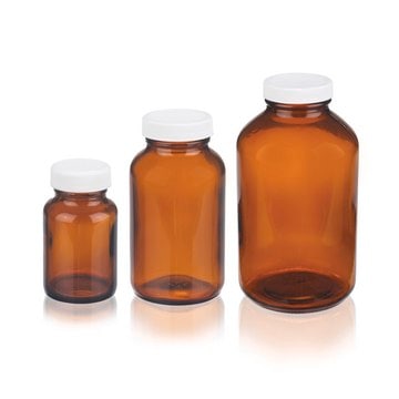 Wheaton wide-mouth bottle capacity 2&#160;oz (60&#160;mL), white polypropylene cap, amber, PTFE flat liner