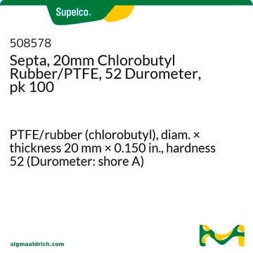 Septa de 20&nbsp;mm chlorobutyle/PTFE, dureté&nbsp;52, pack de 100 PTFE/rubber (chlorobutyl), diam. × thickness 20&#160;mm × 0.150&#160;in., hardness 52 (Durometer: shore A)