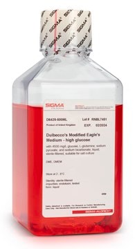 Milieu d'Eagle modifié par Dulbecco (DMEM) à teneur élevée en glucose With 4500 mg/L glucose, L-glutamine, sodium pyruvate, and sodium bicarbonate, liquid, sterile-filtered, suitable for cell culture