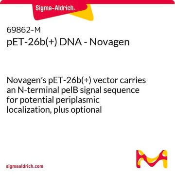 pET-26b(+) DNA - Novagen Novagen&#8242;s pET-26b(+) vector carries an N-terminal pelB signal sequence for potential periplasmic localization, plus optional C-terminal His&#8226;Tag&#174; sequence.