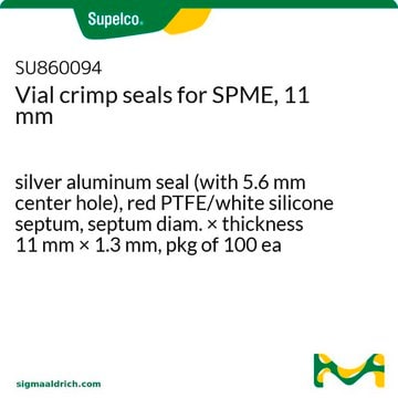 Vial crimp seals for SPME, 11 mm silver aluminum seal (with 5.6 mm center hole), red PTFE/white silicone septum, septum diam. × thickness 11&#160;mm × 1.3&#160;mm, pkg of 100&#160;ea