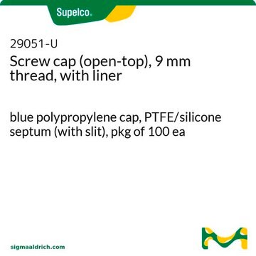 Screw cap (open-top), 9 mm thread, with liner blue polypropylene cap, PTFE/silicone septum (with slit), pkg of 100&#160;ea