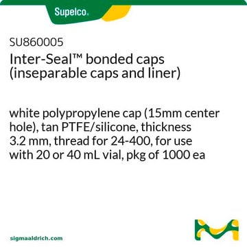 Mit Inter-Seal&#8482; verbundene Kappen (Kappen und Liner sind nicht trennbar) white polypropylene cap (15mm center hole), tan PTFE/silicone, thickness 3.2&#160;mm, thread for 24-400, for use with 20 or 40 mL vial, pkg of 1000&#160;ea