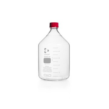 Duran&#174; Laboratory Bottle neck Joints: threaded (GL45), clear bottle, graduated, with screw cap to drain contents, WITH HIGH TEMPERATURE RED PBT SCREW-CAP AND ETFE POURING RING, capacity 5000&#160;mL