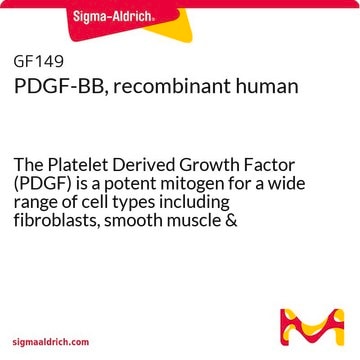 PDGF-BB, recombinant humain The Platelet Derived Growth Factor (PDGF) is a potent mitogen for a wide range of cell types including fibroblasts, smooth muscle &amp; connective tissue.