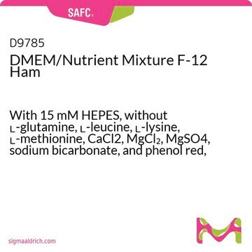 DMEM/Nutrient Mixture F-12 Ham With 15 mM HEPES, without L-glutamine, L-leucine, L-lysine, L-methionine, CaCl2, MgCl2, MgSO4, sodium bicarbonate, and phenol red, powder, suitable for cell culture