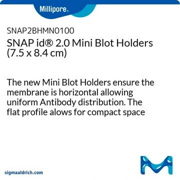 SNAP id&#174; 2.0 迷你印迹支架（7.5 x 8.4 cm） The new Mini Blot Holders ensure the membrane is horizontal allowing uniform Antibody distribution. The flat profile alows for compact space allocation for storage, shipping &amp; waste management.