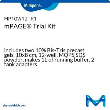 mPAGE&#174; Trial Kit includes two 10% Bis-Tris precast gels, 10x8 cm, 12-well, MOPS SDS powder, makes 1L of running buffer, 2 tank adapters