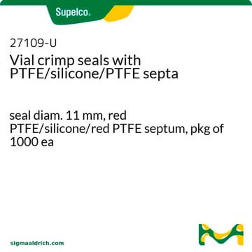 Vial crimp seals with PTFE/silicone/PTFE septa seal diam. 11&#160;mm, red PTFE/silicone/red PTFE septum, pkg of 1000&#160;ea