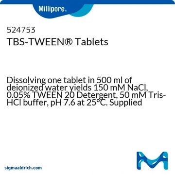 TBS-TWEEN&#174; Tablets Dissolving one tablet in 500 ml of deionized water yields 150 mM NaCl, 0.05% TWEEN 20 Detergent, 50 mM Tris-HCl buffer, pH 7.6 at 25&#176;C. Supplied in convenient blister packs. Note: 1 each = 10 tablets.