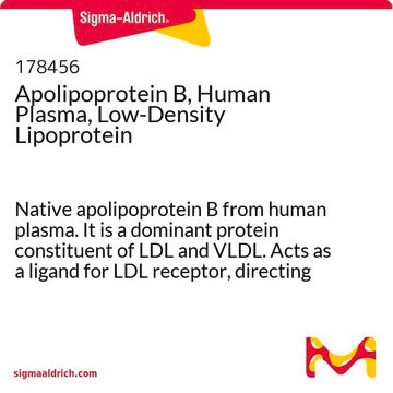 Apolipoprotein B, Human Plasma, Low-Density Lipoprotein Native apolipoprotein B from human plasma. It is a dominant protein constituent of LDL and VLDL. Acts as a ligand for LDL receptor, directing clearance of LDL from plasma to the liver.