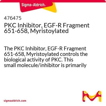 PKC Inhibitor, EGF-R Fragment 651-658, Myristoylated The PKC Inhibitor, EGF-R Fragment 651-658, Myristoylated controls the biological activity of PKC. This small molecule/inhibitor is primarily used for Phosphorylation &amp; Dephosphorylation applications.