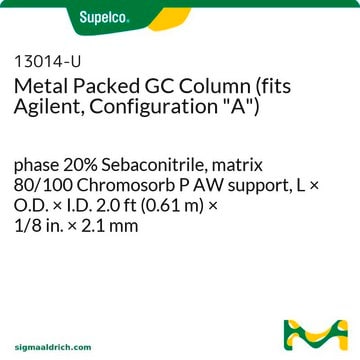 Columna para GC con relleno metálico (compatible con Agilent, configuración "A") phase 20% Sebaconitrile, matrix 80/100 Chromosorb P AW support, L × O.D. × I.D. 2.0&#160;ft (0.61&#160;m) × 1/8&#160;in. × 2.1&#160;mm